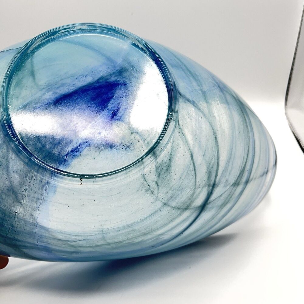 14"x7" Oval Blue Folded Satin Glass Bowl Lines Swirls - Picture 16 of 16